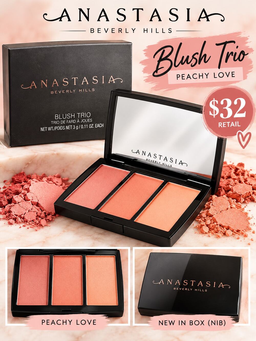 Anastasia Beverly Hills $32 Blush Trio in Peachy Love NIB